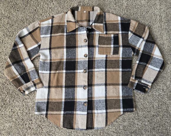 Unbranded Tops - Brown Plaid Flannel Shacket Button Down Drop Shoulder Oversized Shirt Size L
